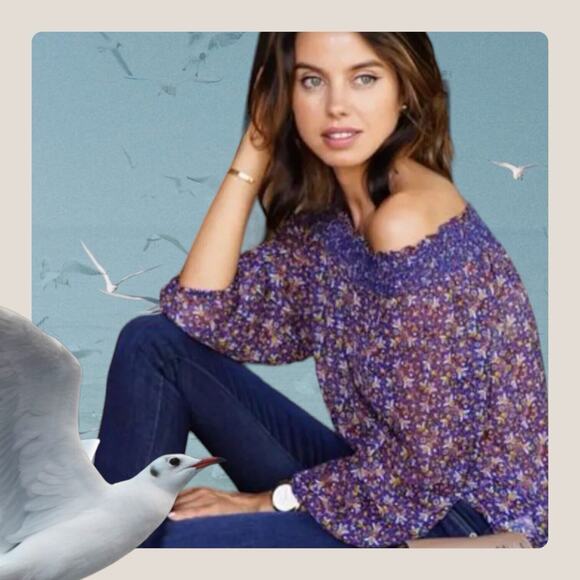 Joie Silk Chiffon Azzedine Off Shoulder Smock Neck Blue Print Blouse Women’s M - Picture 1 of 16